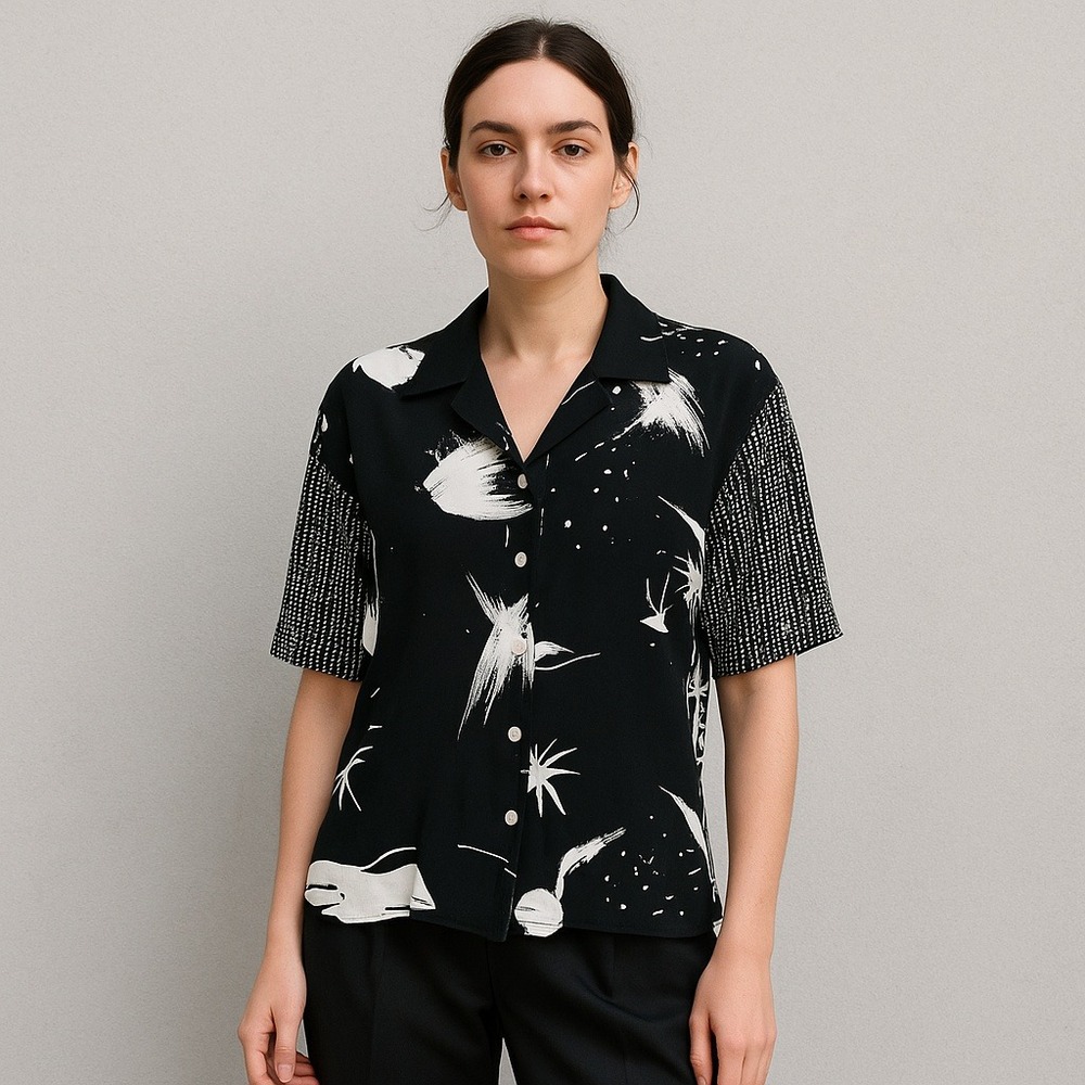 Vintage 90s‎ Shirtstrings Rayon Blouse S Abstract Tribal Black White Button Up